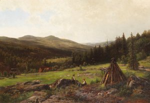 Famille de charbonniers devant un vaste paysage vallonné - Wilhelm Julius August Nabert